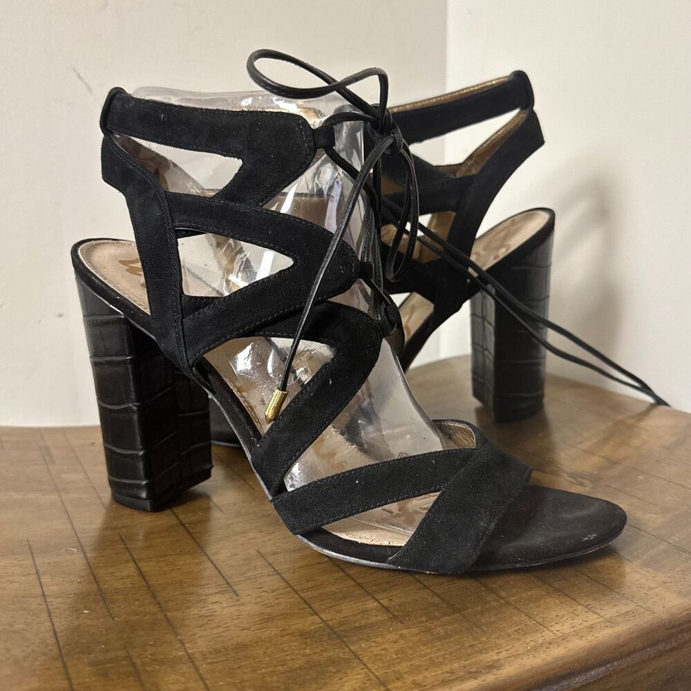 Sam Edelman Black Suede Lace Up Gladiator Sandals Croc Embossed Block Heel 9 1/2